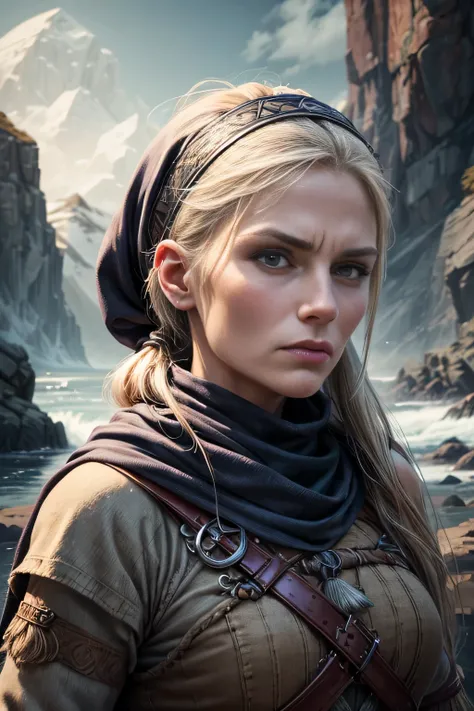 a portrait of a fierce 50 year Viking shieldmaiden, (head scarf),embodying bravery and resilience in a rugged landscape