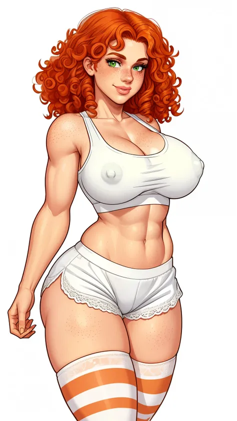 Lacy Lemon, pretty woman, curly ginger hair, midriff, white cloth hotpants,tank top, short shorts, freckles, large breasts, rubenesque, thigh high striped socks, far shot, covered nipples, green eyes, white background, blank background