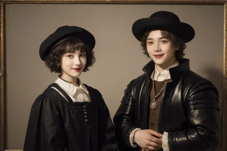 252 (An 18-year-old female and an 18-year-old male), (short hair),kind, lipstick, (Rembrandt-style painting), smile