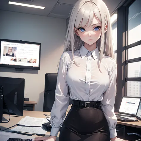 (8K, Best Quality, Masterpiece, Ultra High Resolution) 1Girl, Beautiful Eyes, Face Details, Platinum Hair, Hazel Eyes, Pale Skin, Slender, Office Attire, Blouse, Skirt, Inside Office, Best Quality, Upper Body, Looking at the Viewer, Facing Viewer, Close Up