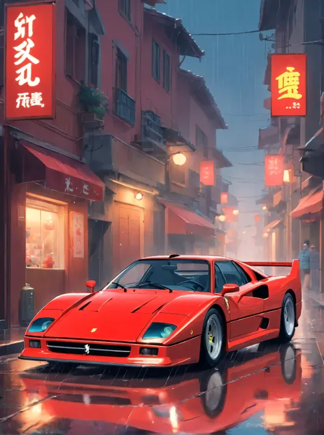 a red sports car is parked in the rain, a 3D render, inspired by Alena Aenami, photorealism, with elements of the f40, badass anime 8 k, photo-realistic low lighting, 8k octae render photo, guillem h. pongiluppi, wet streets, nostalgic 8k, photorealism 4 k...