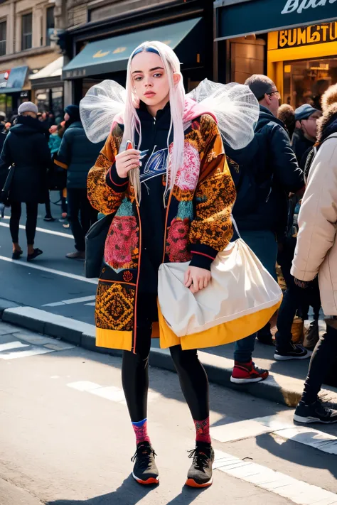 A highly detailed and graphic portrayal of Billie Eilish in an unexpected and provocative scene, gracefully positioned on the sidewalk of a bustling street. The sunlight casts a dramatic and bright glow on her ethereal and very thin frame, with her unique ...