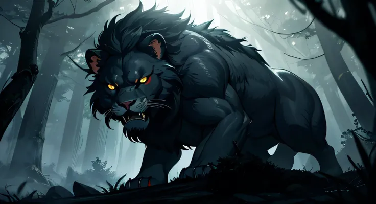 A fierce lion, (glowing eyes:1.2), (sharp fangs:1.2), pouncing mid-air, in a dark, mysterious forest, (moody lighting:1.2), (dramatic atmosphere:1.3), detailed fur, powerful muscles, (photorealistic:1.4), (cinematic:1.3), (award winning photograph:1.2), (d...