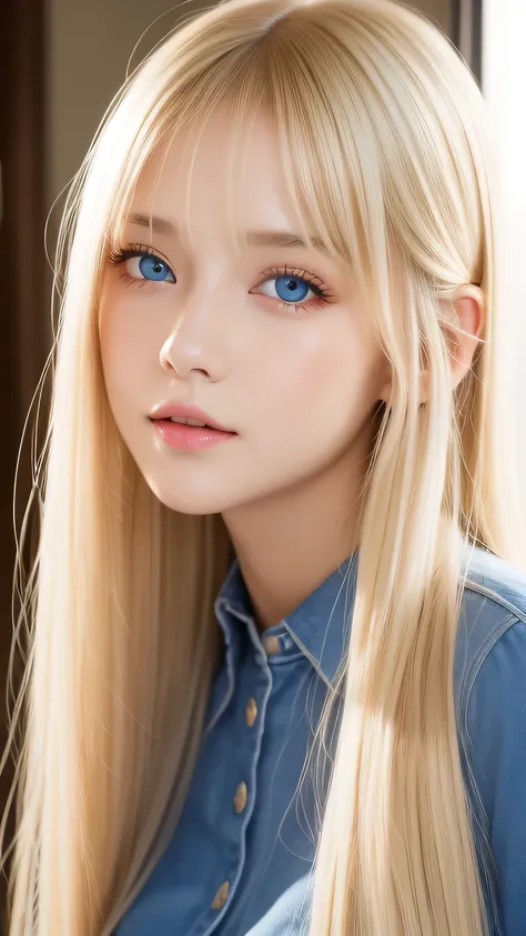 highest quality、masterpiece、(realistic:1.4)、one very beautiful blonde girl、dazzlingly long, super long straight silky platinum b...