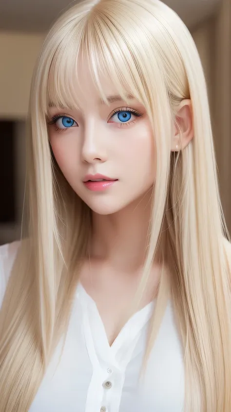 highest quality、masterpiece、(realistic:1.4)、one very beautiful blonde girl、dazzlingly long, super long straight silky platinum b...