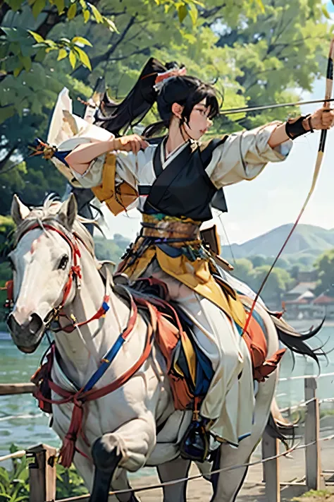 (masterpiece, best quality:1.2), yabusame,(masterpiece, best quality:1.2), yabusame, beautiful girl, horseback riding, (from rig...