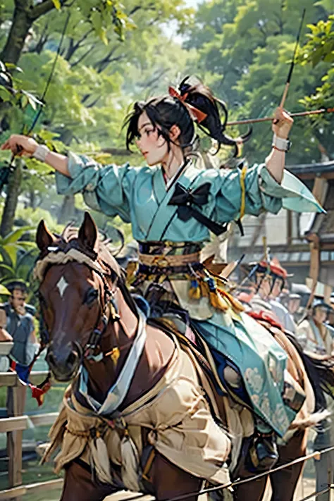 (masterpiece, best quality:1.2), yabusame,(masterpiece, best quality:1.2), yabusame, beautiful girl, horseback riding, (from rig...