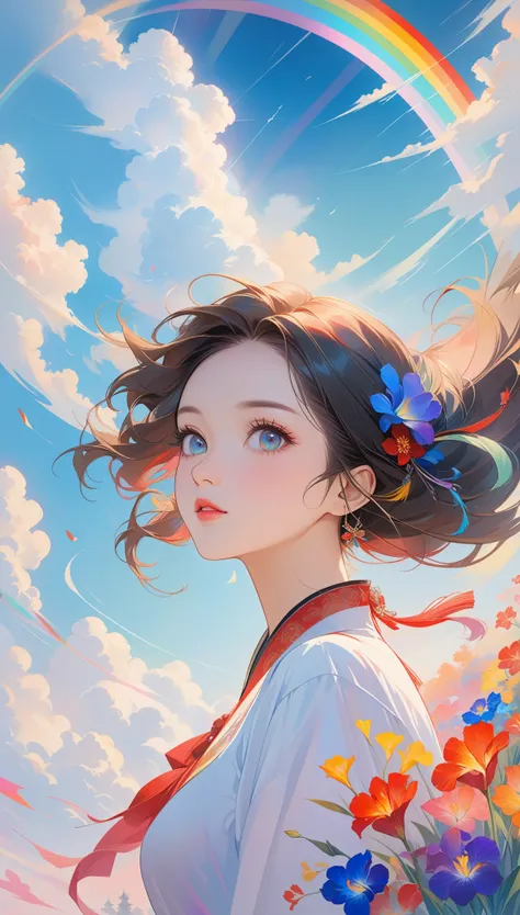 Chinese woman, Close-up of face, Soaring female figures **** Ribbon, smokes, in the sky, Vibrant colors, Mysterious colors, Modern Impressionism, portraiture Yanjun Cheng, Rainbow painting, 3/4 Perspective, Cute face, Low Angle, Wide Rotation Composition, ...
