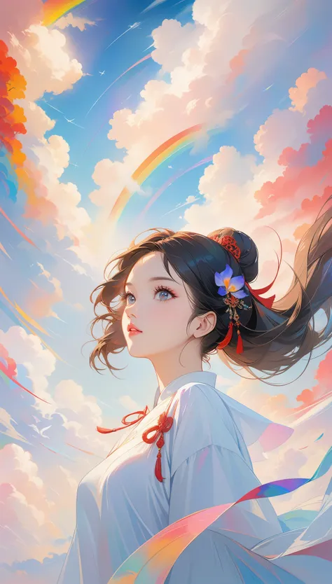 Chinese woman, Close-up of face, Soaring female figures **** Ribbon, smokes, in the sky, Vibrant colors, Mysterious colors, Modern Impressionism, portraiture Yanjun Cheng, Rainbow painting, 3/4 Perspective, Cute face, Low Angle, Wide Rotation Composition, ...