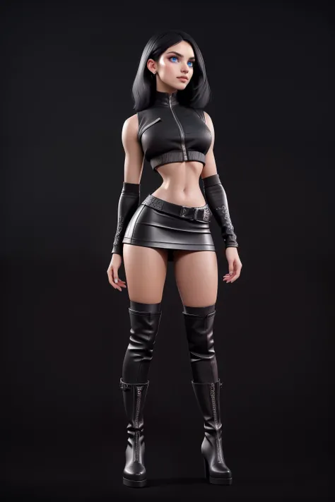 beautiful girl, ((standing:1.4)), (confident gaze:1.1), full body, short bright neon streaked black hair, ((realistic highly detailed eyes:1.4)), ((seductive pose:1.2)), fit, Athletic, black eyeshadow, (street style wear:1.2), ((short skirt)), ((knee high ...