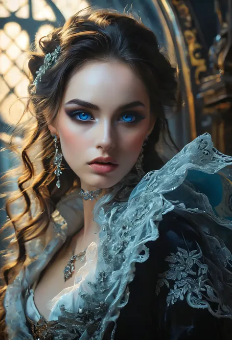 seductive, (masterpiece), ultra-realistic, portrait of a beautiful pale skinned vampire, black enamel, light makeup, bright blue...