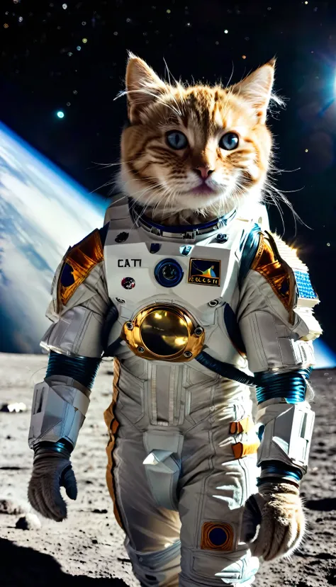 a cat in a spacesuit landed on the moon。earth in the background。