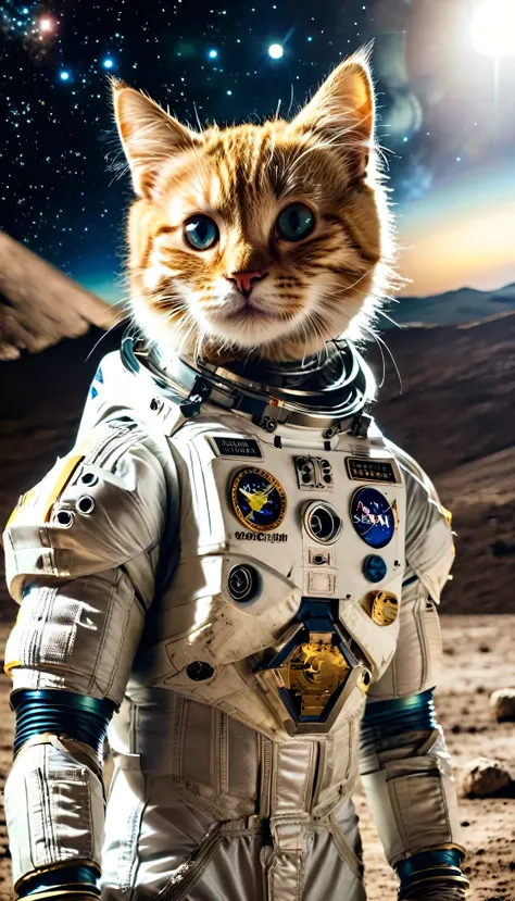 a cat in a spacesuit landed on the moon。earth in the background。