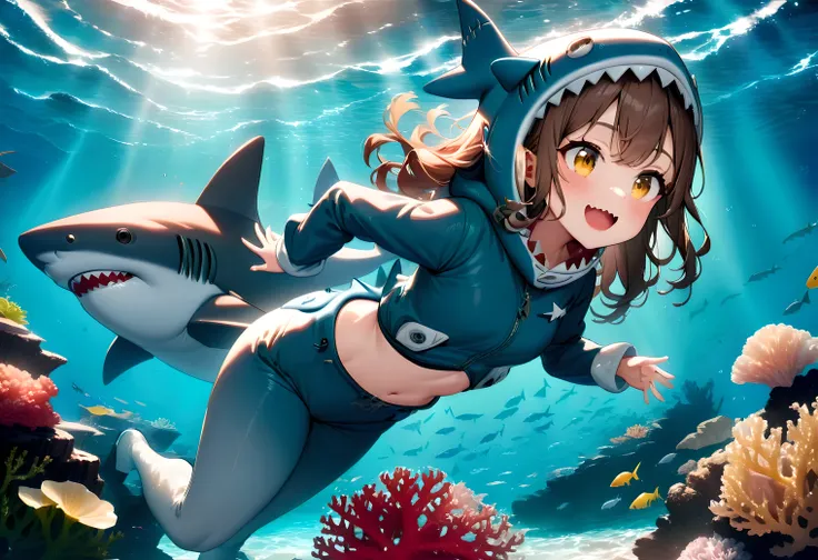 Animation, Cute girl happily exploring the sea on a shark, (wearing a shark suit), Beautiful clear sea, Sparkling coral reef, Seaweed, School of small fish, (Masterpiece), (Best quality), (high detail)