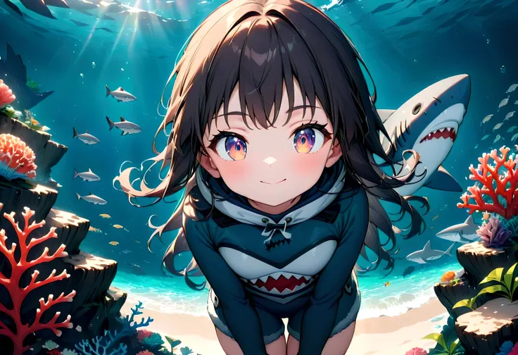 animation, cute girl happily exploring the sea on a shark, (wearing a shark suit), beautiful clear sea, sparkling coral reef, se...