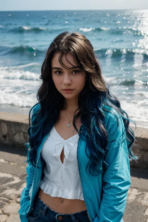 A young girl with hair like ocean waves, bright blue shell jewelry, and layers of wavy clothes.