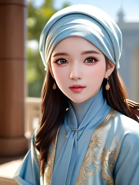 1girl, solo, beautiful face, high detailed realistic eyes, double eyelids, high detailed realistic pupils, upon body from head to waist, (wearing hijab:1.37), (moslem headscarf:1.35), reading glasses, sitting alone on a long chair, amazing mosque park back...