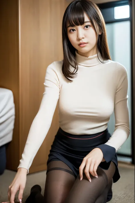 Hotel Bedroom、turtleneck、((Long Hair))、Japanese high school students、18-year-old female, RAW shooting, (realism: 1.8, Realistic), High resolution、One Girl, Looking into the camera, (High Quality Skins: 1.8, Shiny skin)), 8K、Soft lighting, Japanese women, F...