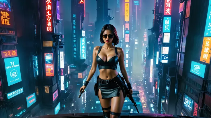 8K, Realistic Skin Texture, Realistic Photo, Neo Hong Kong, (((((1 slim western women, solo))))), large-breast:1.4 cleavage:1.3, AD2050 at night, wearing tube top, miniskirt, (((black sunglasses, automatic rifle, sneakers, cold, standing and shooting pose)...