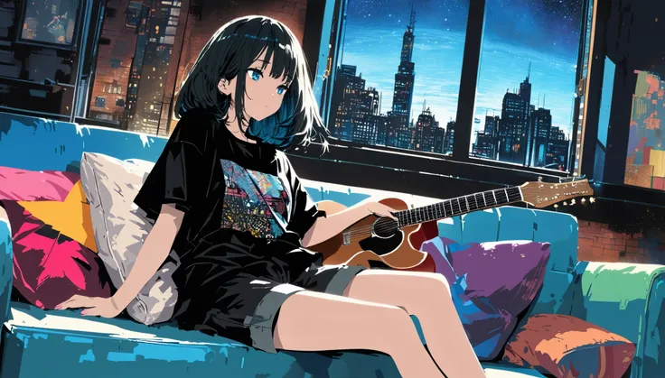 Super detailed:1.3, (Absurd, texture, masterpiece), pixiv Contest Winner, John Berkey, Dynamic cartoon style illustration,Oversized T-shirt、stand lighting、Colored pencil style、Long black hair、play the guitar、sofa、kitten、Night Sky、star、Room with a window、Hi...