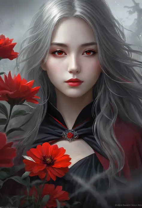 One girl,alone,One girl,alone,((Beautiful attention to detail)), (Detailed light), Depth of written boundary,(Gray Hair), Silver Eyes, Hair on one eye,(Red flower), Hair Flowers, long Hair, Black Cape, moist skin, emotionless, Recall, night, Starfall, it i...