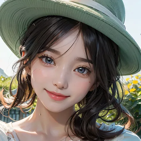 Top quality, 8K, Illustration of light novel style with delicate drawings in the adventure genre. A close-up of the herbalists face. She is wearing a summer hat and has a feminine bob hairstyle. She is sweating and blushing slightly, but smiling beautifull...