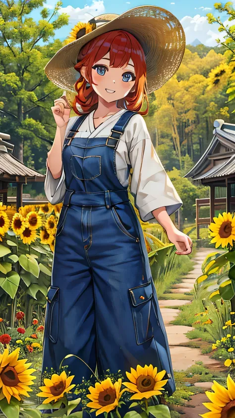 Vast sunflower field，Midsummer Sun，Braided Hair，Redhead，Dark blue overalls，Latest Design，Happy smile，Laugh a lot，Laugh heartily，Full Body Shot，Japanese，Young Girl, well-shaped eyebrows , Beautiful details, Big Eyes，Straw hat，Natural Makeup, Highly detailed...