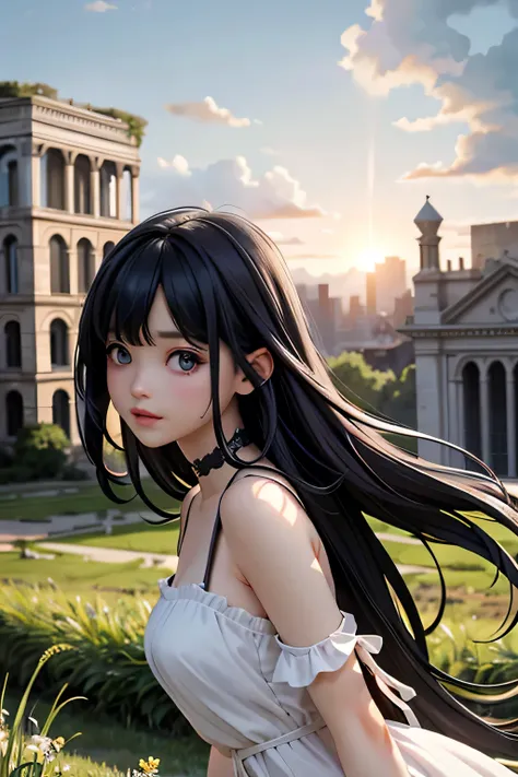 ((highest quality)), ((masterpiece)), (detailed), Perfect Face、Tattered dress、blue Long Hair、Black Hair、In the ruins、、Sunshine pours in、Grass grows、old buildings、