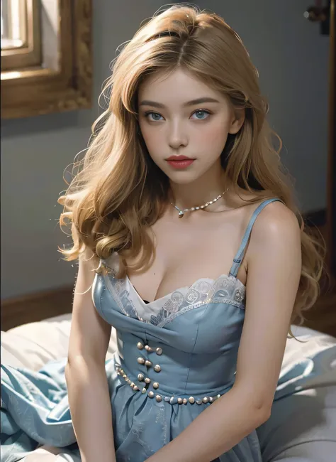 Lolita style，Elegance，Clean indoor environment，The background color is white，elegant aristocratic girl，((tmasterpiece)),high high quality,ultra - detailed,combed blonde hair+white apparel:1.2,sweet and delicate girl,exquisite facial features,perfect body f...