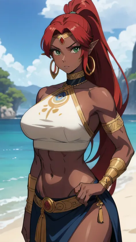 tall_female,Urbosa, large breasts,abs, armor, blue lips, very long hair, circlet, crop top, dark-skinned female, dark skin, earrings, green eyes, hoop earrings, jewelry, long hair, long skirt, makeup, midriff, muscular, muscular female, narrowed eyes, nave...