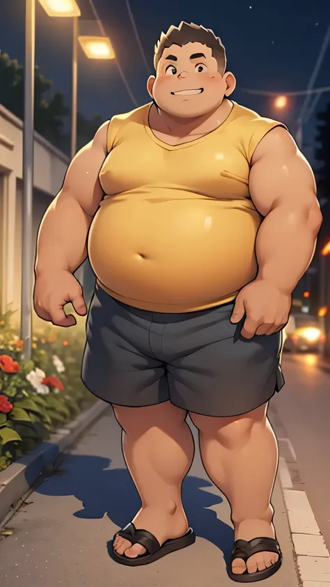 fat uncle，rough，shorts，flip flops，standing under the street light，overweight，night，garden，shirtless，presentation protrusion，road...