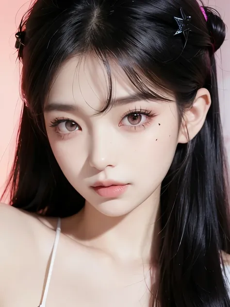 kim jennie with dark black hair, with curlers at the ends of dark black hair, with a star clip in her dark black hair, light col...