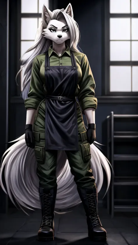 loona from helluva boss, female wolf, mature adult, anthro, white hair, grey eyes, tall, green long sleeve shirt, army cargo pan...