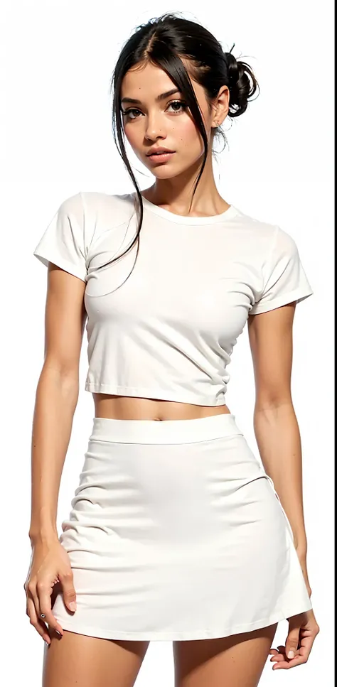 a woman in a White top and skirt posing for a picture, White top, with torn t-shirt, top cut, top cut, wearing a cropped tops, plain and tight white suit, trendy white  clothes, casual white clothes, wearing a cropped top, usando um top cropped sexy, weari...