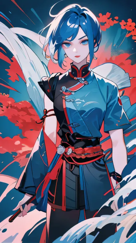 Masterpiece, Best quality, 1 Ji Ruxue, the expression is cold, strong, blue eyes, short hair, wolfcut hairstyle, smoky mix blue color hair, resolute eyes, red lips, simple Taoist Taoist uniform, Chinese mix morden, frontal photo, black or white background,...