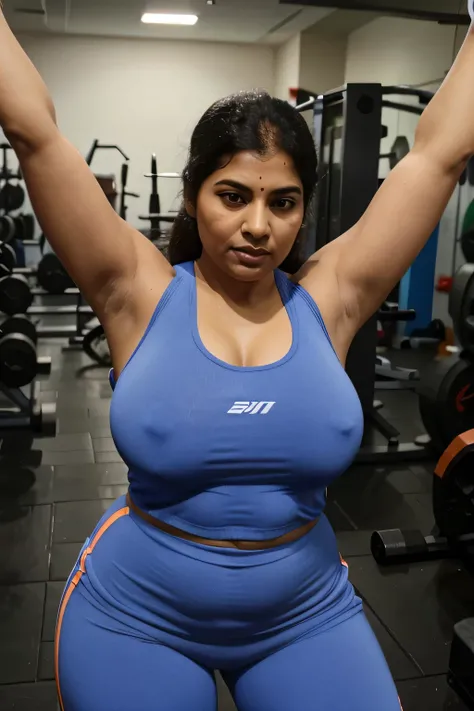 indian aunty at the gym, wearing a sexy gym suit, very chubby body, sweating, while workout
