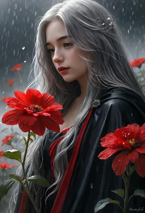 One girl,alone,One girl,alone,((Beautiful attention to detail)), (Detailed light),Depth of written boundary,(Gray Hair), Silver Eyes, Hair on one eye,(Red flower ), Hair Flowers,Long Hair, Black Cape, Wet, emotionless, Recall, night, Starfall, it is foggy,...