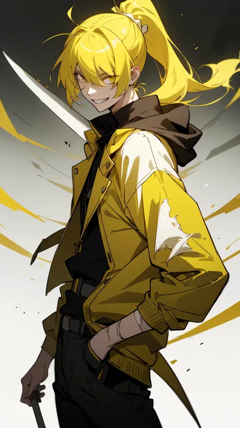 boy, yellow hair tied in a ponytail, reflective yellow eyes, holding a dagger, q shaped dagger, bloodied clothes, battle grin, modern clothing, hoodie, wounded, 