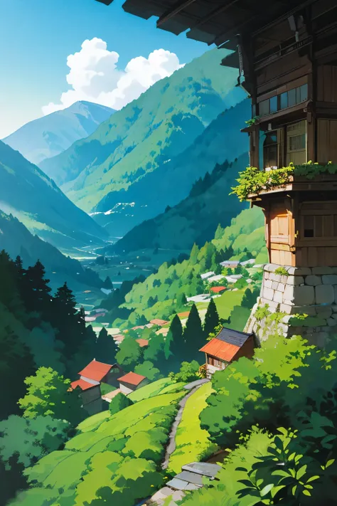 In the heart of a serene and majestic landscape, a panorama of a beautiful mountain view unfolds. Nestled amidst this grandeur are quaint houses, their roofs blending harmoniously with the surrounding green. The houses seem to cling to the mountainside, th...