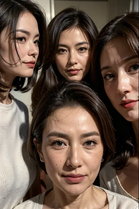 (masterpiece : 1.5), (super detailed : 1.5), (realistic : 1.5), (3 woman : 1.5), (3 woman standing side by side : 1.3), (they are all 67 years old : 1.3), beautiful mother, (wrinkles on her face : 1.2), (smirking : 1.2), (Each has a different hairstyle), (...