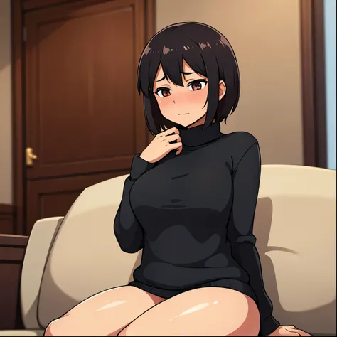 Superior quality, Masterpiece, ultra high resolution, image of a girl with short brown hair, her eyes are red, she is in a room and she is wearing only a very loose, black sweater. She looks shyly, her cheeks are blushing, and she is sitting on a sofa. 