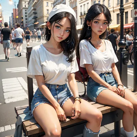 Top quality, Masterpiece, hyper HD, (Real: 1.4), Original photo, (Evening street), 1 girl, Black eyes, Looking at the audience, Long hair, Light makeup, Lips, Small ears, White T-shirt, Denim shorts, Earrings, sitting Ferrari,, Slim, Neat, park