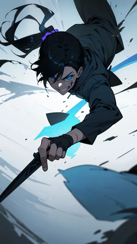 boy, Black hair tied in a ponytail, reflective blue eyes, holding a dagger, q shaped dagger, bloodied clothes, battle grin, modern clothing, hoodie, wounded, 