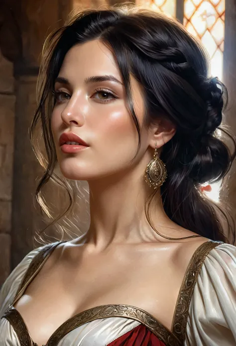 A detailed illustration of dark-haired beautiful Italian girl in a medieval dress, erotic and seductive, hyper detailed moist skin texture, high nose, noble, Soft and bright, HD Art by Greg Hildebrand, Liu Citemar, Sejic Stepan, Sanyang, Aikut Aidgudu, Jus...