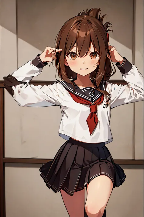Highest quality, Tabletop, High resolution, 一人in, {inazuma_Fleet Collection:1.15}, brown_hair, Folded_ponytail, brown_eye, Seraphim, length_hair, red面, Open_mouth, smile, One Girl, anchor_symbol, black_skirt, length_sleeve, look up_in_Audience, neckerchief...