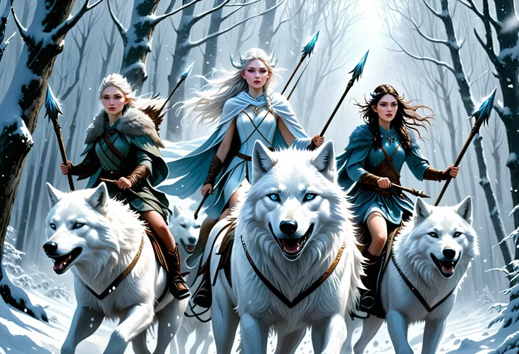 hyper-realistic digital painting, very detailed faces, fae aesthetic, ice fairies riding to war, riding on white wolves, forest scene, ((snow storm)), carrying spears