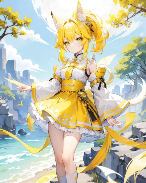 Bright yellow hair with high ponytail，The white and yellow clothes are decorated with gold accents，As cute and cute as a fairy, neko ears, white and yellow fox tail, scenery 