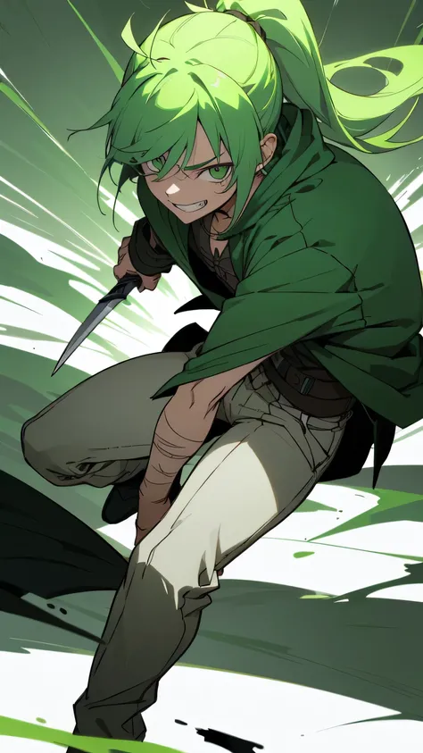 boy, Green hair tied in a ponytail, reflective green eyes, holding a dagger, q shaped dagger, bloodied clothes, battle grin, modern clothing, hoodie, wounded, 