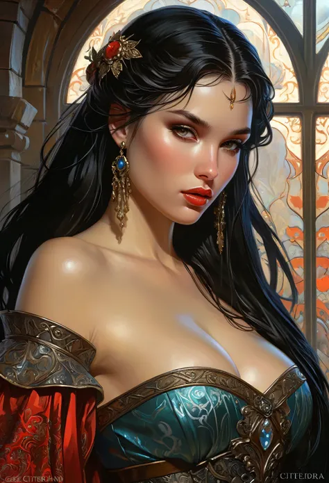 A detailed illustration of dark-haired beautiful girl in a medieval dress, erotic and seductive, hyper detailed moist skin texture, Soft and bright, HD Art by Greg Hildebrand, Liu Citemar, Sejic Stepan, Sanyang, Aikut Aidgudu, Justin Gerard, Alphonse Mucha...