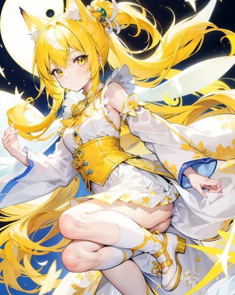 Bright yellow hair with high ponytail，The white and yellow clothes are decorated with gold accents，As cute and cute as a fairy, neko ears, white and yellow fox tail